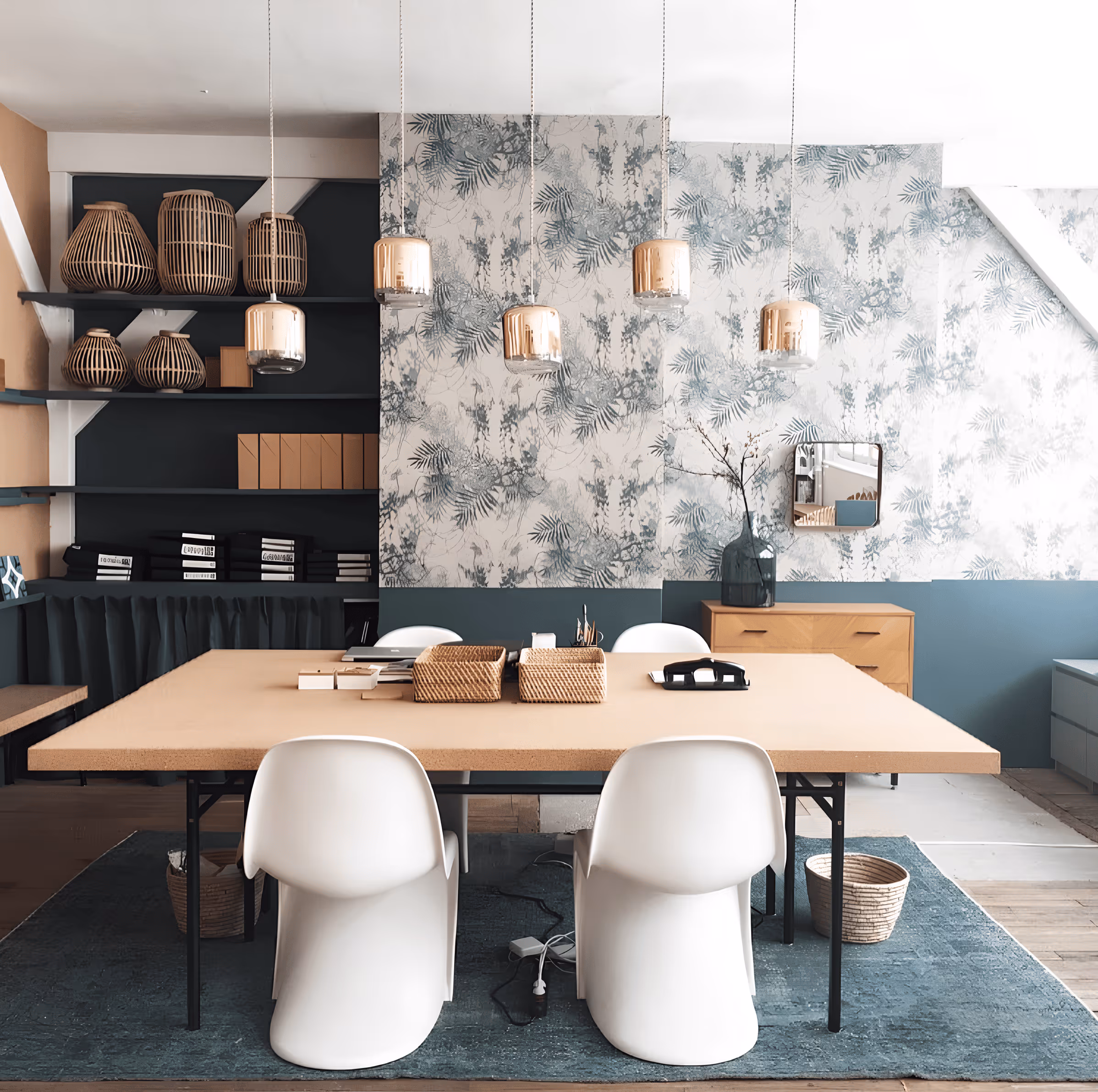 Studio d'architecture d'intérieur, agence moderne avec table beige, chaises blanches, suspensions lumineuses et mur d'accent recouvert d'un papier peint botanique.